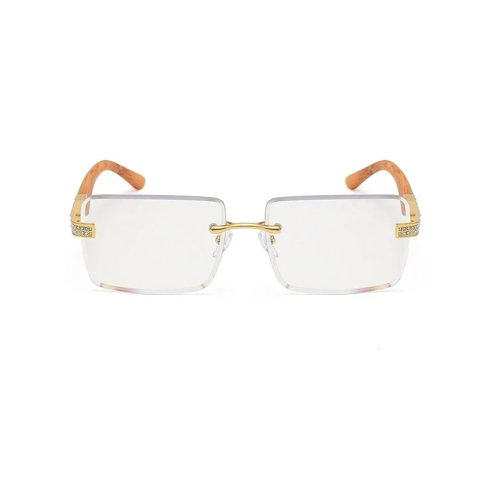 Rimless‎ Rectangle Hip Hop Sunglasses Wood Grain Arms Rhinestone Accents Men New